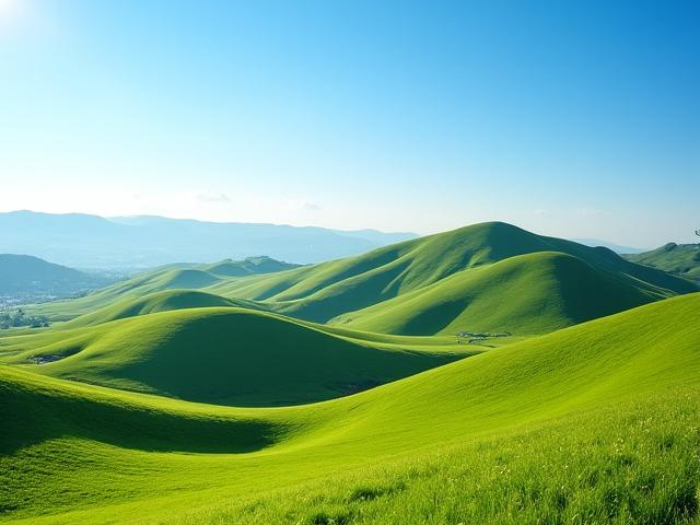 Paysage de la Chaîne des Puys avec des monts verdoyants et un ciel bleu