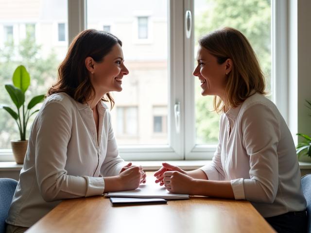 Une femme souriante, spécialiste du bien-être, conseillant une cliente dans un bureau lumineux.