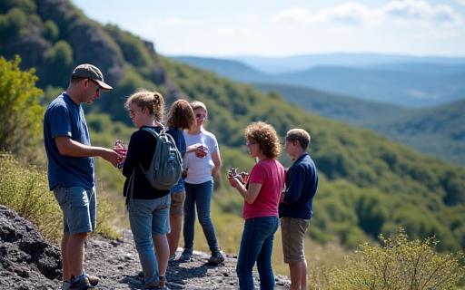 Groupe d'étudiants ou de touristes explorant un paysage volcanique en Auvergne