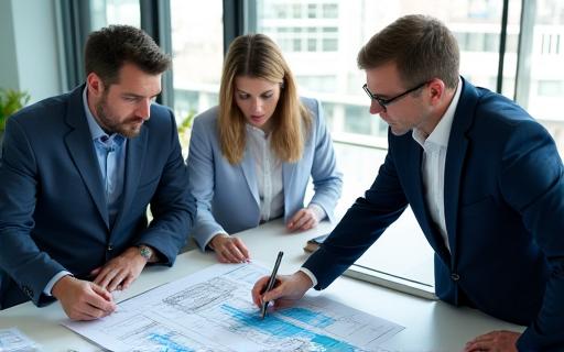 Professionnels étudiant un plan géothermique en salle de conférence