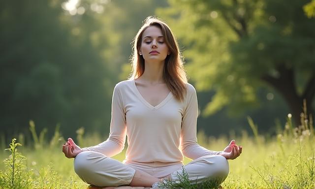Femme en posture de méditation paisible en pleine nature